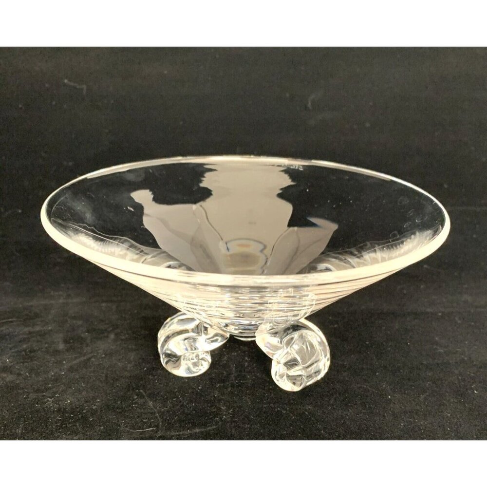 Steuben Footed Crystal Low Bowl 6" Diameter 3 Scroll Feet Round John Dreves MCM